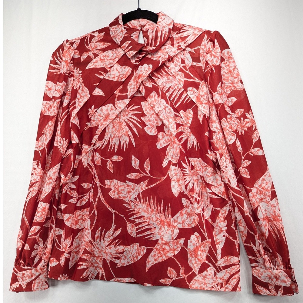 Red White Tropical Floral High Neck Pleated Front Blouse Long Sleeve Small